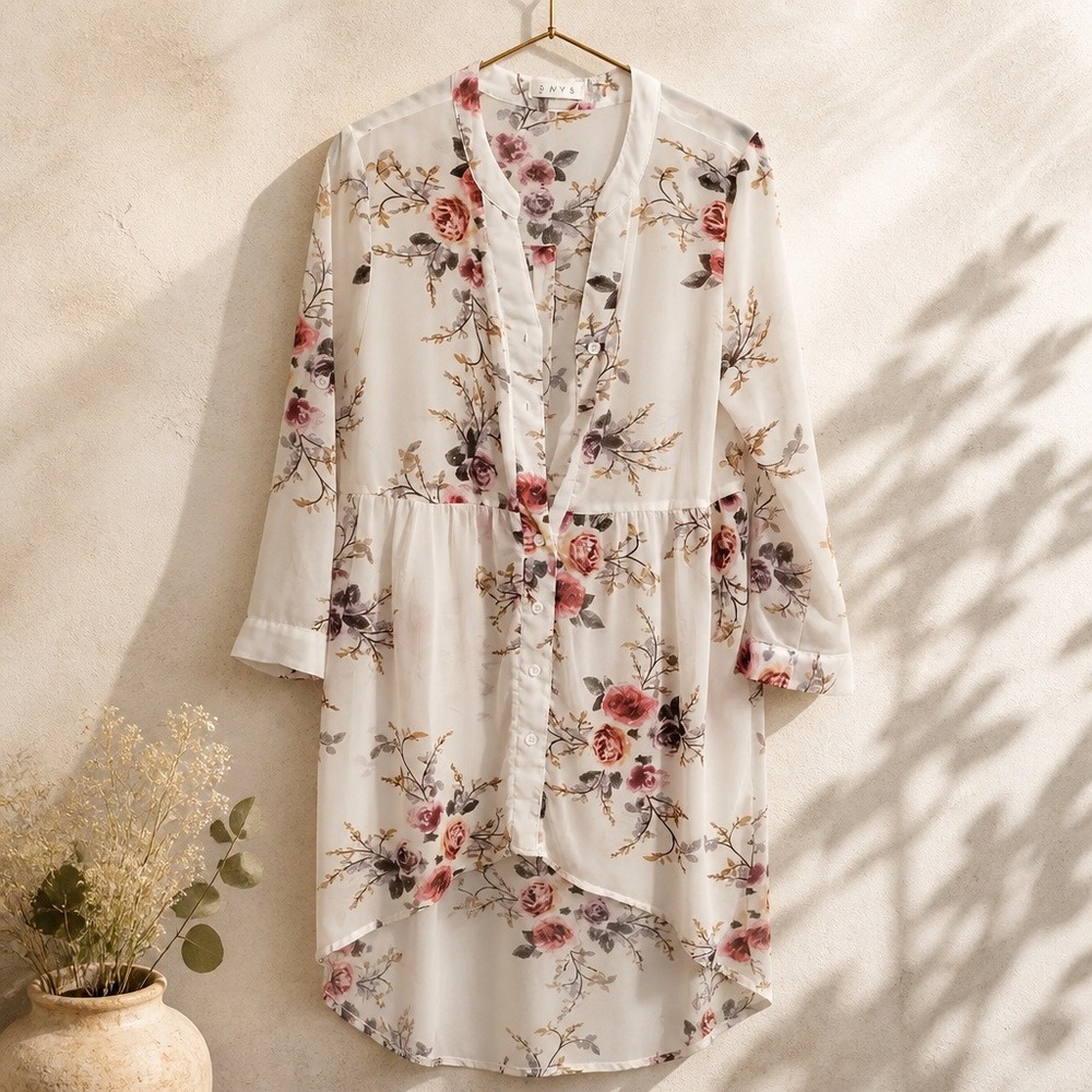 SMYS Floral High Low Tunic Top White Pink Rose Chiffon Button Up XL